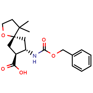 Chemical structure of (5S,7S,8S)-8-(benzyloxycarbonylamino)-4,4-dimethyl-1-oxaspiro[4.4]nonane-7-carboxylic acid , CAS 2243168-07-0, AChemBlock S76595