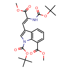 Chemical structure of 1-(tert-butyl) 7-methyl (Z)-3-(2-((tert-butoxycarbonyl)amino)-3-methoxy-3-oxoprop-1-en-1-yl)-1H-indole-1,7-dicarboxylate , CAS 2227209-76-7, AChemBlock S76619