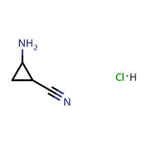 Chemical structure of 2-aminocyclopropane-1-carbonitrile hydrochloride , CAS 2227206-70-2, AChemBlock S76621