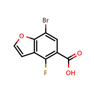 Chemical structure of 7-bromo-4-fluoro-1-benzofuran-5-carboxylic acid , CAS 2227206-54-2, AChemBlock S76623