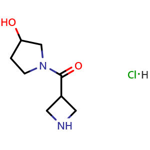 Chemical structure of 1-(azetidine-3-carbonyl)pyrrolidin-3-ol hydrochloride , CAS 2227205-27-6, AChemBlock S76640