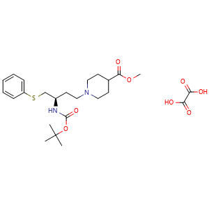Chemical structure of methyl 1-[(3R)-3-{[(tert-butoxy)carbonyl]amino}-4-(phenylsulfanyl)butyl]piperidine-4-carboxylate; oxalic acid , CAS 2227199-29-1, AChemBlock S76650