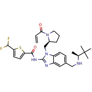 Chemical structure of 5-(difluoromethyl)-N-[5-({[(2S)-3,3-dimethylbutan-2-yl]amino}methyl)-1-{[(2S)-1-(prop-2-enoyl)pyrrolidin-2-yl]methyl}-1H-1,3-benzodiazol-2-yl]thiophene-2-carboxamide , CAS 2227198-84-5, AChemBlock S76652