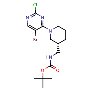 Chemical structure of tert-butyl N-{[(3R)-1-(5-bromo-2-chloropyrimidin-4-yl)piperidin-3-yl]methyl}carbamate , CAS 2227197-43-3, AChemBlock S76657
