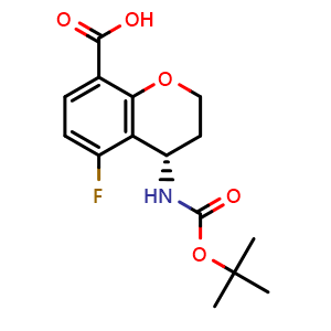Chemical structure of (4S)-4-(tert-butoxycarbonylamino)-5-fluoro-chromane-8-carboxylic acid , CAS 2210272-50-5, AChemBlock S76706