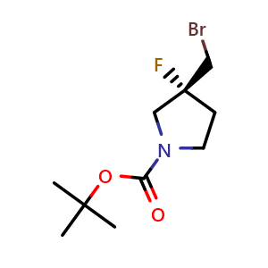 Chemical structure of tert-butyl (3R)-3-(bromomethyl)-3-fluoropyrrolidine-1-carboxylate , CAS 2201785-20-6, AChemBlock S76727