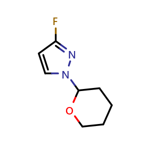 Chemical structure of 3-fluoro-1-(oxan-2-yl)-1H-pyrazole , CAS 2200261-28-3, AChemBlock S76732