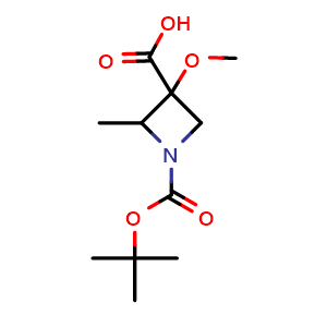Chemical structure of 1-tert-butoxycarbonyl-3-methoxy-2-methyl-azetidine-3-carboxylic acid , CAS 2173413-22-2, AChemBlock S76795