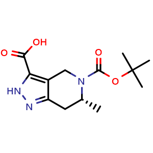 Chemical structure of (6R)-5-tert-butoxycarbonyl-6-methyl-2,4,6,7-tetrahydropyrazolo[4,3-c]pyridine-3-carboxylic acid , CAS 2171134-56-6, AChemBlock S76820
