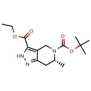 Chemical structure of O5-tert-butyl O3-ethyl (6R)-6-methyl-2,4,6,7-tetrahydropyrazolo[4,3-c]pyridine-3,5-dicarboxylate , CAS 2171134-54-4, AChemBlock S76821
