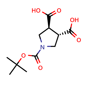 Chemical structure of (3S,4S)-1-tert-butoxycarbonylpyrrolidine-3,4-dicarboxylic acid , CAS 2170869-18-6, AChemBlock S76829