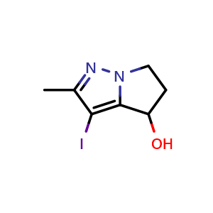 Chemical structure of 3-iodo-2-methyl-4H,5H,6H-pyrrolo[1,2-b]pyrazol-4-ol , CAS 2168559-77-9, AChemBlock S76865
