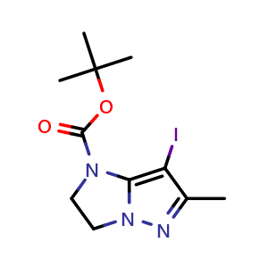 Chemical structure of tert-butyl 7-iodo-6-methyl-1H,2H,3H-pyrazolo[1,5-a]imidazole-1-carboxylate , CAS 2168559-71-3, AChemBlock S76867