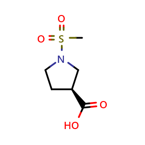 Chemical structure of (3S)-1-methanesulfonylpyrrolidine-3-carboxylic acid , CAS 2165722-93-8, AChemBlock S76903