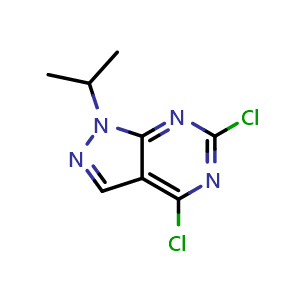 Chemical structure of 4,6-dichloro-1-(propan-2-yl)-1H-pyrazolo[3,4-d]pyrimidine , CAS 21254-22-8, AChemBlock S76996
