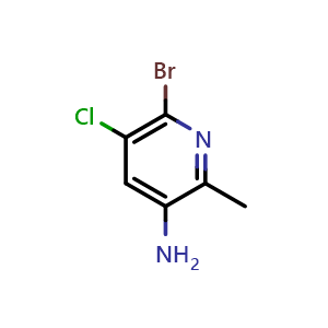 Chemical structure of 6-bromo-5-chloro-2-methyl-pyridin-3-amine , CAS 2115000-36-5, AChemBlock S77010