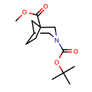 Chemical structure of 3-tert-butyl 1-methyl 3-azabicyclo[3.2.1]octane-1,3-dicarboxylate , CAS 2114966-31-1, AChemBlock S77011