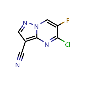 Chemical structure of 5-chloro-6-fluoropyrazolo[1,5-a]pyrimidine-3-carbonitrile , CAS 2098345-72-1, AChemBlock S77044