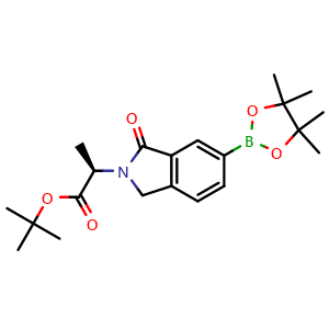 Chemical structure of tert-butyl (2R)-2-[1-oxo-6-(4,4,5,5-tetramethyl-1,3,2-dioxaborolan-2-yl)isoindolin-2-yl]propanoate , CAS 2095634-41-4, AChemBlock S77060