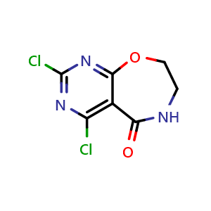 Chemical structure of 2,4-dichloro-5H,6H,7H,8H-pyrimido[5,4-f][1,4]oxazepin-5-one , CAS 2092717-37-6, AChemBlock S77083