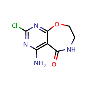 Chemical structure of 4-amino-2-chloro-5H,6H,7H,8H-pyrimido[5,4-f][1,4]oxazepin-5-one , CAS 2092707-33-8, AChemBlock S77085