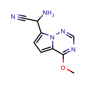 Chemical structure of 2-amino-2-{4-methoxypyrrolo[2,1-f][1,2,4]triazin-7-yl}acetonitrile , CAS 2092431-21-3, AChemBlock S77106