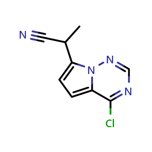 Chemical structure of 2-{4-chloropyrrolo[2,1-f][1,2,4]triazin-7-yl}propanenitrile , CAS 2092236-42-3, AChemBlock S77116