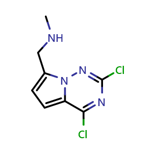 Chemical structure of ({2,4-dichloropyrrolo[2,1-f][1,2,4]triazin-7-yl}methyl)(methyl)amine , CAS 2092154-21-5, AChemBlock S77120