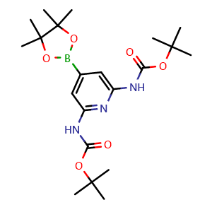Chemical structure of tert-butyl N-(6-{[(tert-butoxy)carbonyl]amino}-4-(tetramethyl-1,3,2-dioxaborolan-2-yl)pyridin-2-yl)carbamate , CAS 2091886-28-9, AChemBlock S77131