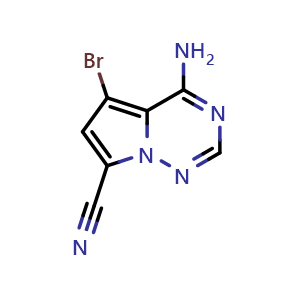 Chemical structure of 4-amino-5-bromopyrrolo[2,1-f][1,2,4]triazine-7-carbonitrile , CAS 2091485-71-9, AChemBlock S77148
