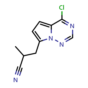 Chemical structure of 3-{4-chloropyrrolo[2,1-f][1,2,4]triazin-7-yl}-2-methylpropanenitrile , CAS 2091356-76-0, AChemBlock S77157