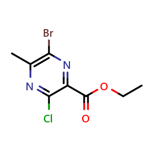 Chemical structure of ethyl 6-bromo-3-chloro-5-methyl-pyrazine-2-carboxylate , CAS 2091009-80-0, AChemBlock S77177