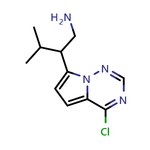 Chemical structure of 2-{4-chloropyrrolo[2,1-f][1,2,4]triazin-7-yl}-3-methylbutan-1-amine , CAS 2090952-43-3, AChemBlock S77180