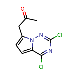 Chemical structure of 1-{2,4-dichloropyrrolo[2,1-f][1,2,4]triazin-7-yl}propan-2-one , CAS 2090837-31-1, AChemBlock S77184