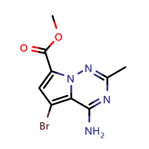 Chemical structure of methyl 4-amino-5-bromo-2-methylpyrrolo[2,1-f][1,2,4]triazine-7-carboxylate , CAS 2090690-20-1, AChemBlock S77189