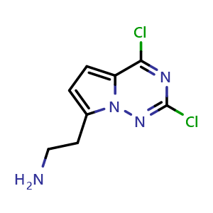 Chemical structure of 2-{2,4-dichloropyrrolo[2,1-f][1,2,4]triazin-7-yl}ethan-1-amine , CAS 2090583-96-1, AChemBlock S77195