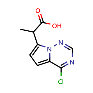 Chemical structure of 2-{4-chloropyrrolo[2,1-f][1,2,4]triazin-7-yl}propanoic acid , CAS 2090437-87-7, AChemBlock S77198