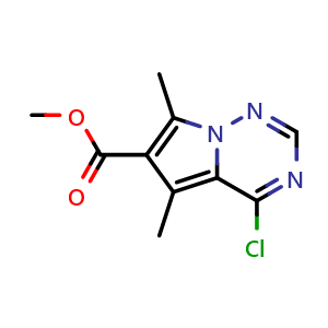 Chemical structure of methyl 4-chloro-5,7-dimethylpyrrolo[2,1-f][1,2,4]triazine-6-carboxylate , CAS 2090139-01-6, AChemBlock S77213