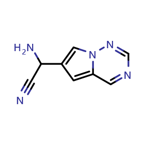 Chemical structure of 2-amino-2-{pyrrolo[2,1-f][1,2,4]triazin-6-yl}acetonitrile , CAS 2090007-66-0, AChemBlock S77221