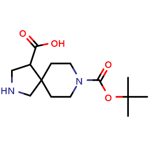 Chemical structure of 8-tert-butoxycarbonyl-2,8-diazaspiro[4.5]decane-4-carboxylic acid , CAS 2089650-38-2, AChemBlock S77233