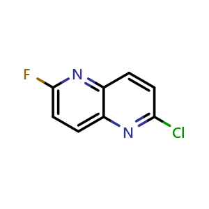 Chemical structure of 2-chloro-6-fluoro-1,5-naphthyridine , CAS 2089060-71-7, AChemBlock S77240
