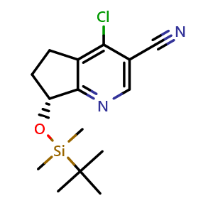 Chemical structure of (7R)-7-[(tert-butyldimethylsilyl)oxy]-4-chloro-5H,6H,7H-cyclopenta[b]pyridine-3-carbonitrile , CAS 2088852-71-3, AChemBlock S77241