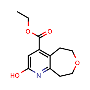 Chemical structure of ethyl 2-hydroxy-5H,6H,8H,9H-oxepino[4,5-b]pyridine-4-carboxylate , CAS 2079871-40-0, AChemBlock S77261