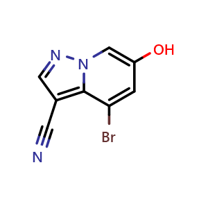 Chemical structure of 4-bromo-6-hydroxypyrazolo[1,5-a]pyridine-3-carbonitrile , CAS 2068065-05-2, AChemBlock S77272