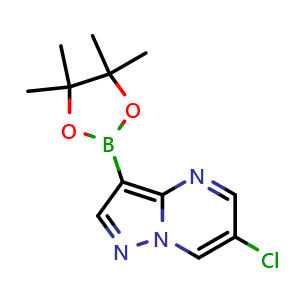 Chemical structure of 6-chloro-3-(tetramethyl-1,3,2-dioxaborolan-2-yl)pyrazolo[1,5-a]pyrimidine , CAS 2058046-25-4, AChemBlock S77297