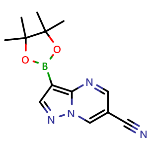Chemical structure of 3-(tetramethyl-1,3,2-dioxaborolan-2-yl)pyrazolo[1,5-a]pyrimidine-6-carbonitrile , CAS 2058046-22-1, AChemBlock S77298