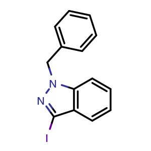 Chemical structure of 1-benzyl-3-iodo-1H-indazole , CAS 205643-28-3, AChemBlock S77308