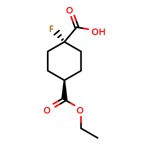 Chemical structure of cis-4-ethoxycarbonyl-1-fluoro-cyclohexanecarboxylic acid , CAS 2041844-30-6, AChemBlock S77340