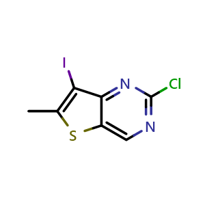 Chemical structure of 2-chloro-7-iodo-6-methyl-thieno[3,2-d]pyrimidine , CAS 2033057-22-4, AChemBlock S77358