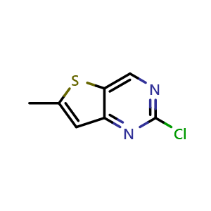 Chemical structure of 2-chloro-6-methyl-thieno[3,2-d]pyrimidine , CAS 2033057-21-3, AChemBlock S77359